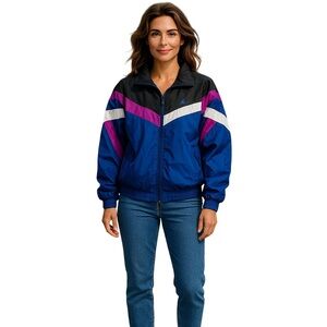 USA Olympic JC Penney Windbreaker Adult Med Black/Blue/Pink Jacket Full Zip Vtg